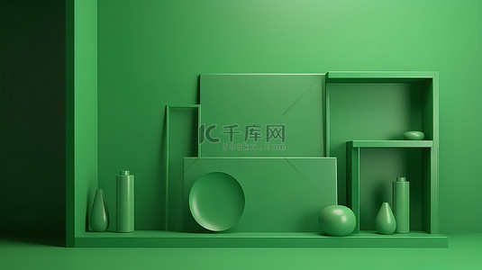 3d 渲染中的绿色调产品显示背景具有用于模型展示的空白场景