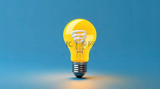 白色灯泡的 3D 渲染在黄色商业领导中的蓝色背景上明亮地闪烁