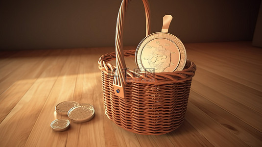 市场篮子背景图片_用篮子袋和硬币购物的说明性 3D 渲染