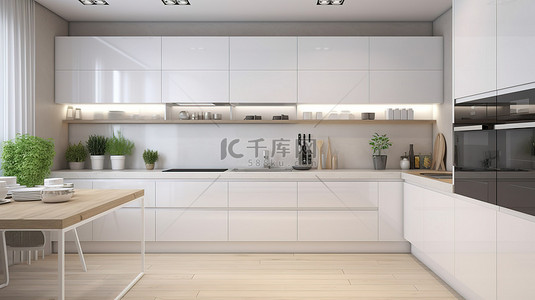 3D 可视化现代白色厨房