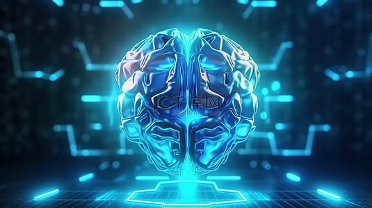 互联网背景图片_具有 3D 渲染蓝色多边形的模糊壁纸代表人工智能和机器学习概念的大脑全息图
