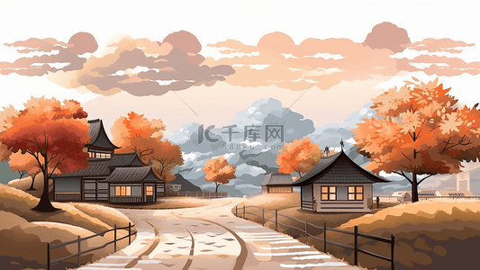 秋天红枫树背景图片_秋天卡通风景插画