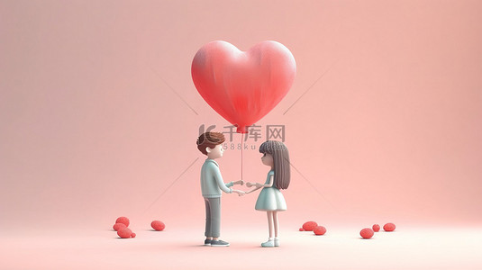 手牵手情侣背景图片_一对可爱的情侣拿着 3D 渲染的心形气球