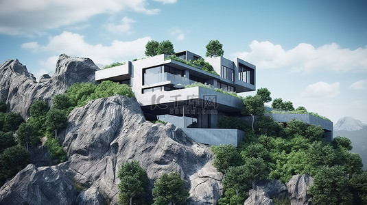 别墅山水背景图片_现代建筑别墅，拥有令人惊叹的山崖景观 3D 渲染
