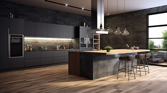 厨房家居背景图片_现代厨房设计 一个深色木质厨房，带有一个由天然石材建造的岛屿，以草图和 3D 渲染图解说明