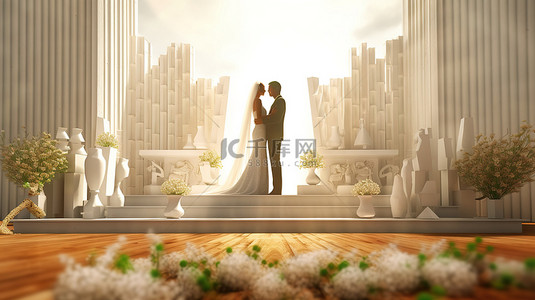 新婚夫妇在祭坛上交换誓言的 3d 插图
