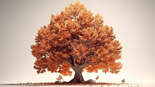 自然的秋天美景 3d 渲染简单的橡树与棕色的叶子