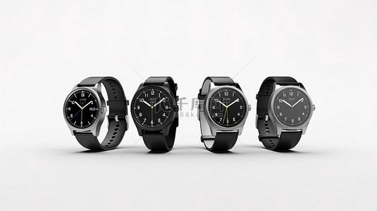 手表背景图片_光滑的黑色智能手表模型集合，带有可调节表带，呈现在干净的白色背景 3D 渲染上