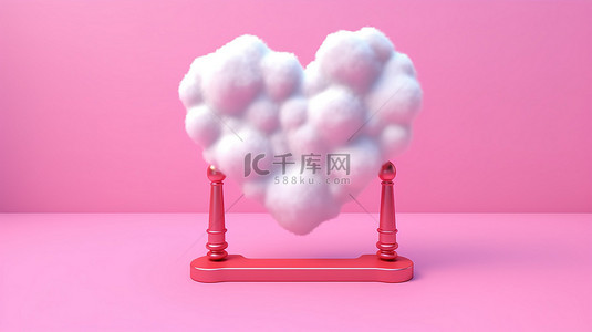 糖果云的 3D 渲染图片在甜蜜的背景上形成粉红色的心形