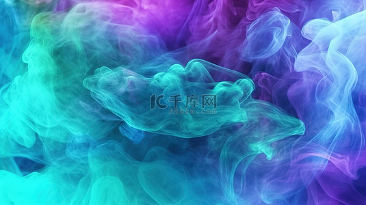 水紫色蓝色和绿色动画液体背景 3D 渲染中令人惊叹的全息烟雾