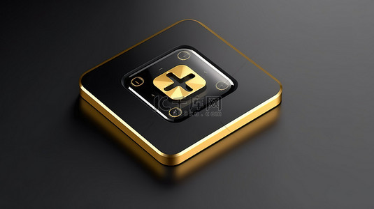 带有金色盒式磁带图标的黑色方形按钮键 3D 渲染的 ui ux 元素
