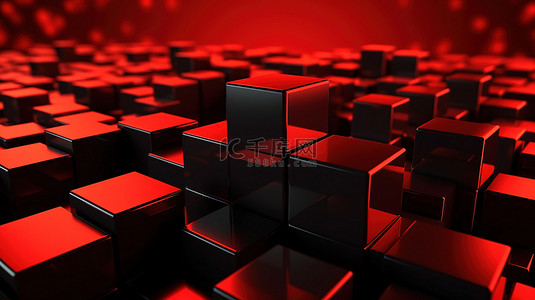 红光背景上干净设计黑色立方体的 3D 插图