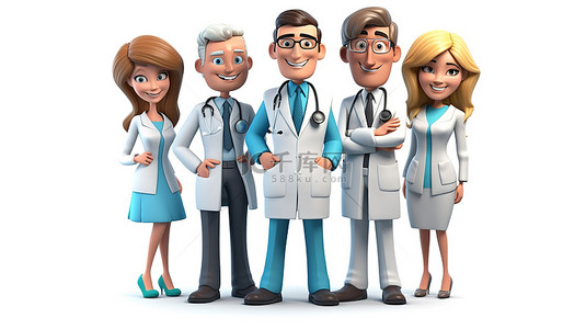 医疗专业人员在行动 3D 卡通插图以医生和专家为特色