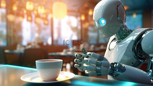 咖啡机背景图片_自动化餐厅概念中服务员机器人提供咖啡的 3D 渲染
