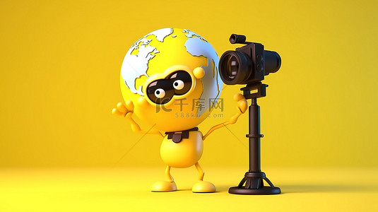 摄像视频背景图片_黄色背景 3D 渲染地球地球角色吉祥物，手持单反相机或带有万向稳定三脚架系统的摄像机