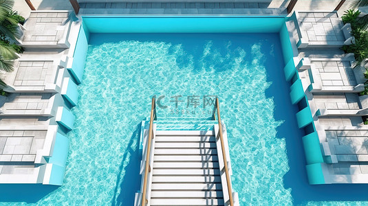 令人惊叹的游泳池的鸟瞰图，其台阶非常适合您的夏季度假3D 渲染