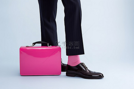 办公室里的男人拿着公文包和粉红色的袜子