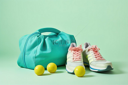 蓝色鞋子背景图片_一个健身包，里面有两个粉色橡胶球蓝色鞋子和一条毛巾