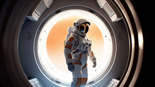 宇航员站在宇宙飞船走廊尽头凝视窗外思乡的 3D 渲染
