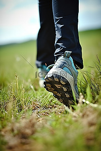 一个人穿着一双登山鞋在草地上徒步旅行