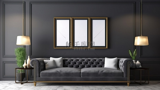 家具背景图片_相框装饰 3D 渲染的客厅内部，配有灰色沙发和深色木地板