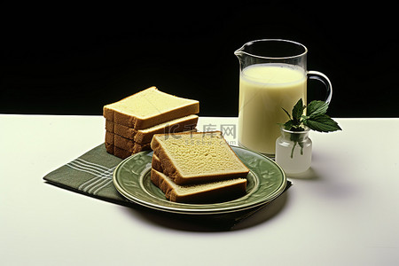 一片茶叶背景图片_四片面包，旁边有一罐牛奶和绿茶叶