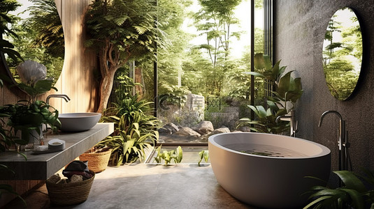 自然观赏 3D 渲染现代浴室与热带花园灵感 d cor