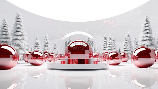 圣诞快乐背景背景图片_红色和白色玻璃圆顶 3D 插图中的当代圣诞树和礼品展示