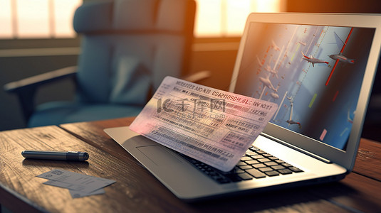 数字旅行在笔记本电脑上特写航空公司登机牌机票和喷气式飞机的 3D 渲染，用于在线预订概念