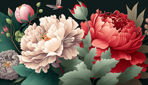 婚礼花卉背景图片_粉色红色牡丹花花瓣花苞复古装饰画花卉海报