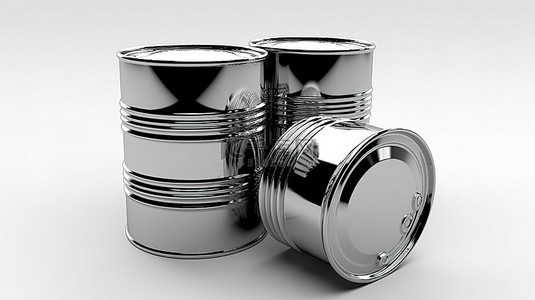 石油能源背景图片_白色背景 3D 渲染上工业石油和柴油燃料的悬浮金属桶