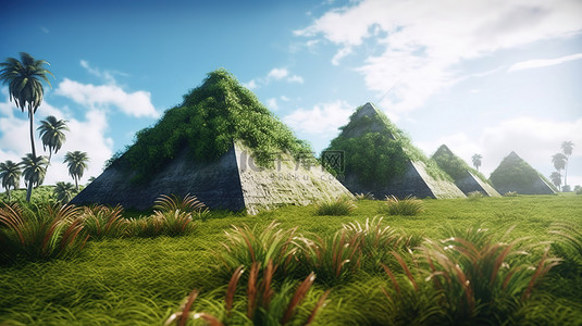 蓝天背景下雨林笼罩的古金字塔的 3D 插图