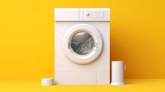 时尚的白色洗衣机吉祥物，黄色背景 3D 渲染上带有广告架