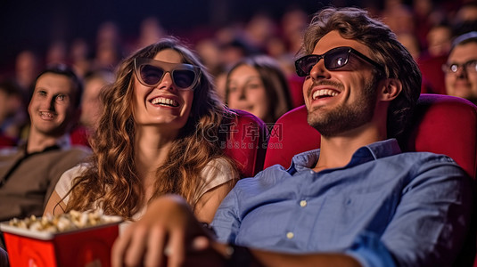 微笑的情侣在电影院约会，高兴地拥抱 3D 体验