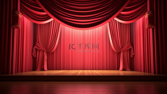 3d电影背景图片_舞台上的经典窗帘模板电影院中戏剧性窗帘的 3D 渲染插图