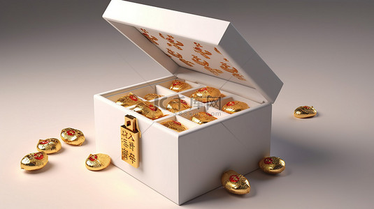金色注入的中国新年礼盒，带有惊喜内容 3D 渲染