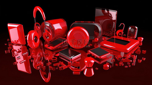 3D渲染界面设计中多媒体和音乐图标的红色侧视图