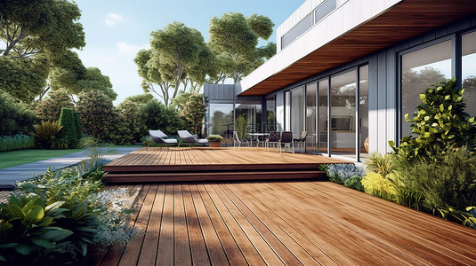 现代住宅设有木质甲板入口和室外露台 3D 渲染