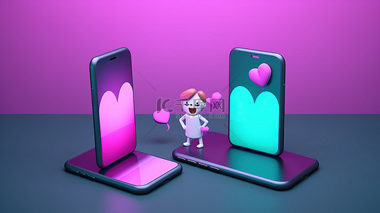 两部智能手机的 3D 可视化显示爱情信息和心形图标，非常适合情侣