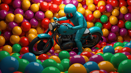 模特男背景图片_蓝色老式摩托车手的 3D 渲染，周围是绿色背景上充满活力的球