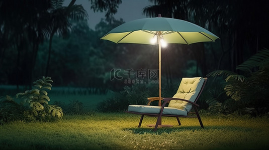 夜间户外休养地躺椅伞和草背景森林的 3D 插图