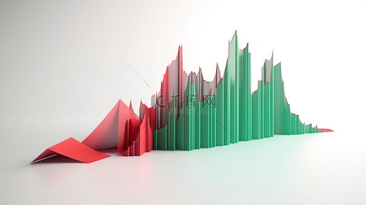 增长趋势背景图片_3d 渲染中的孤立红色和绿色最小交易图描绘了白色背景下的股市数据分析趋势