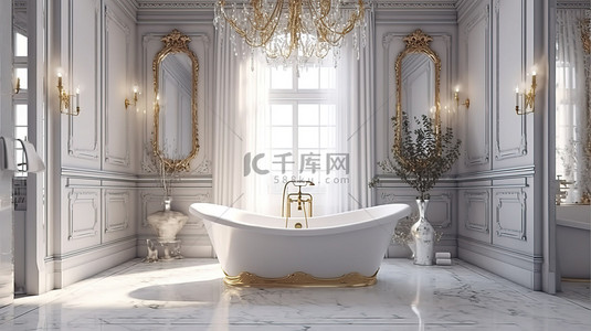 昂贵的浴室配有 3D 渲染的豪华独立浴缸