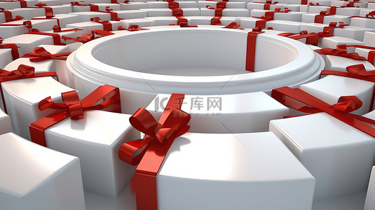 从侧面 3D 渲染看，白色礼品盒，红丝带排列成圆形