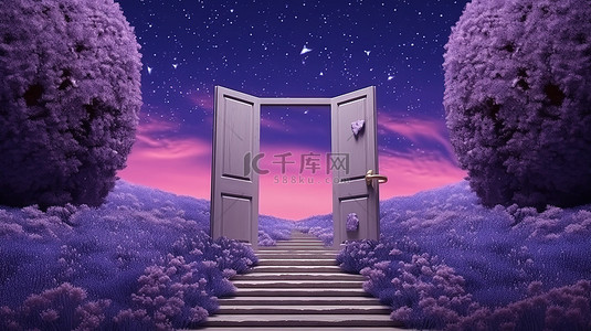 梦幻紫花背景图片_梦幻般的薰衣草田中的高架平台与繁星点点的夜空 3D 渲染