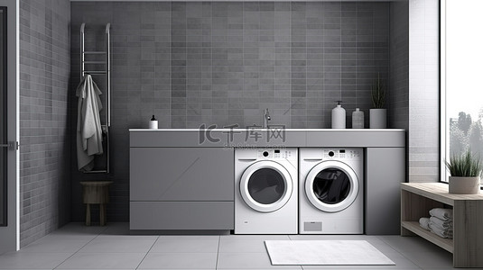 现代浴室设计灰色瓷砖内饰与 3d 渲染洗衣机