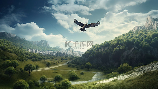 鹰背景背景图片_壮观的 3d 景观中的空中鹰