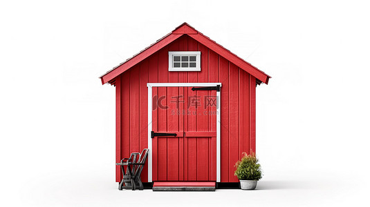 白色背景 3D 渲染小型红木小屋，非常适合作为花园工具储藏棚