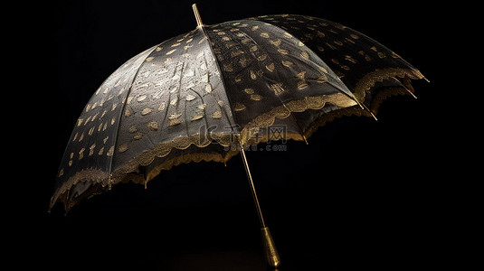 3d 渲染中的金色雨伞在黑色背景上分开