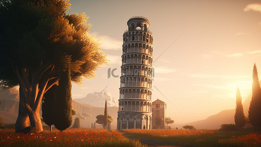 意大利地标背景图片_比萨斜塔黄昏建筑背景
